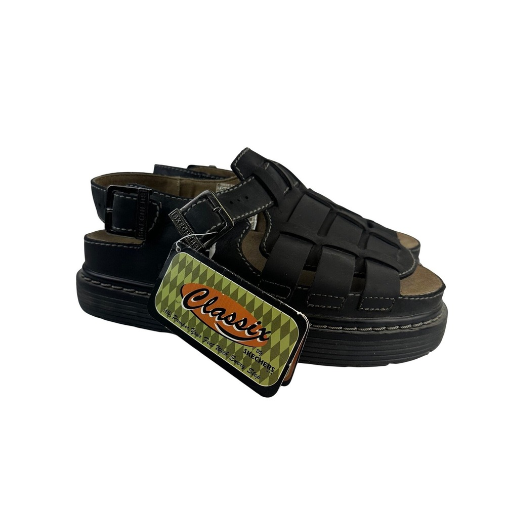 Skechers Classix Fisherman Sandals Black Leather Vintage 90s Grunge 6708 Mens 10